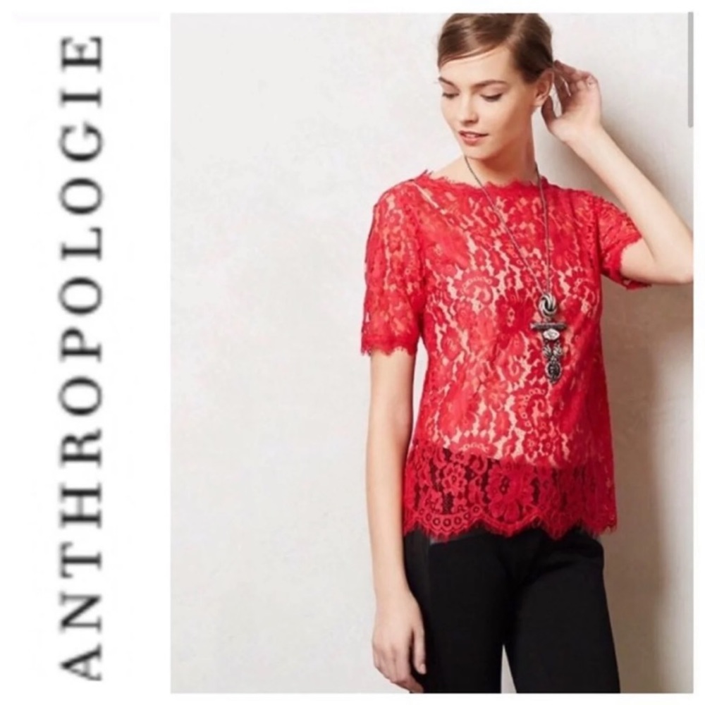 Beautiful red lace Anthropologie blouse size L